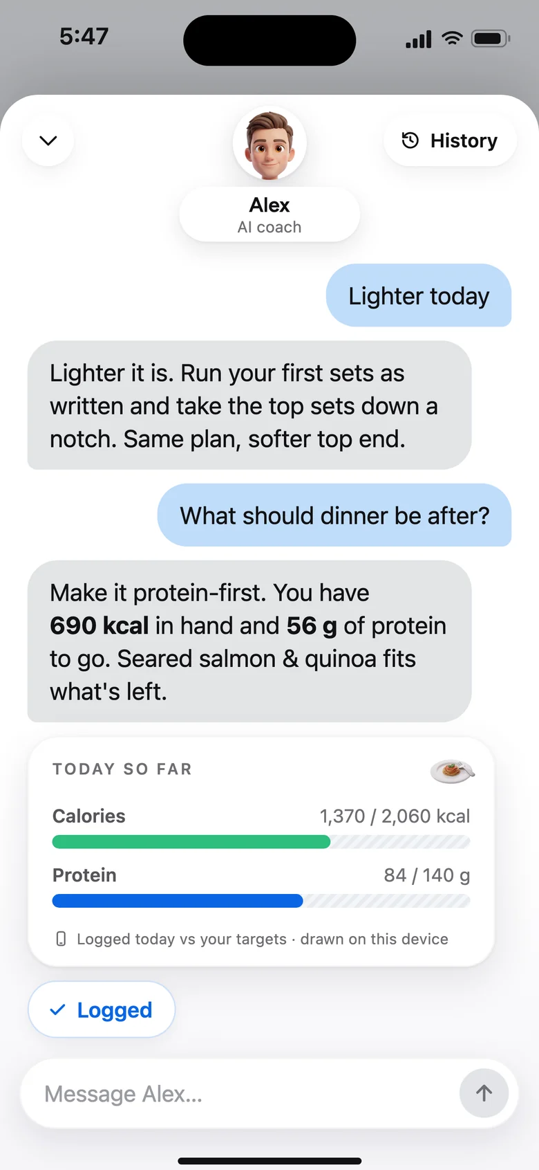 A chat with the AI coach, Alex. Asked what dinner should be after the session, it answers with what is left of today's calories and protein, draws today so far as two bars, and logs seared salmon and quinoa at a tap