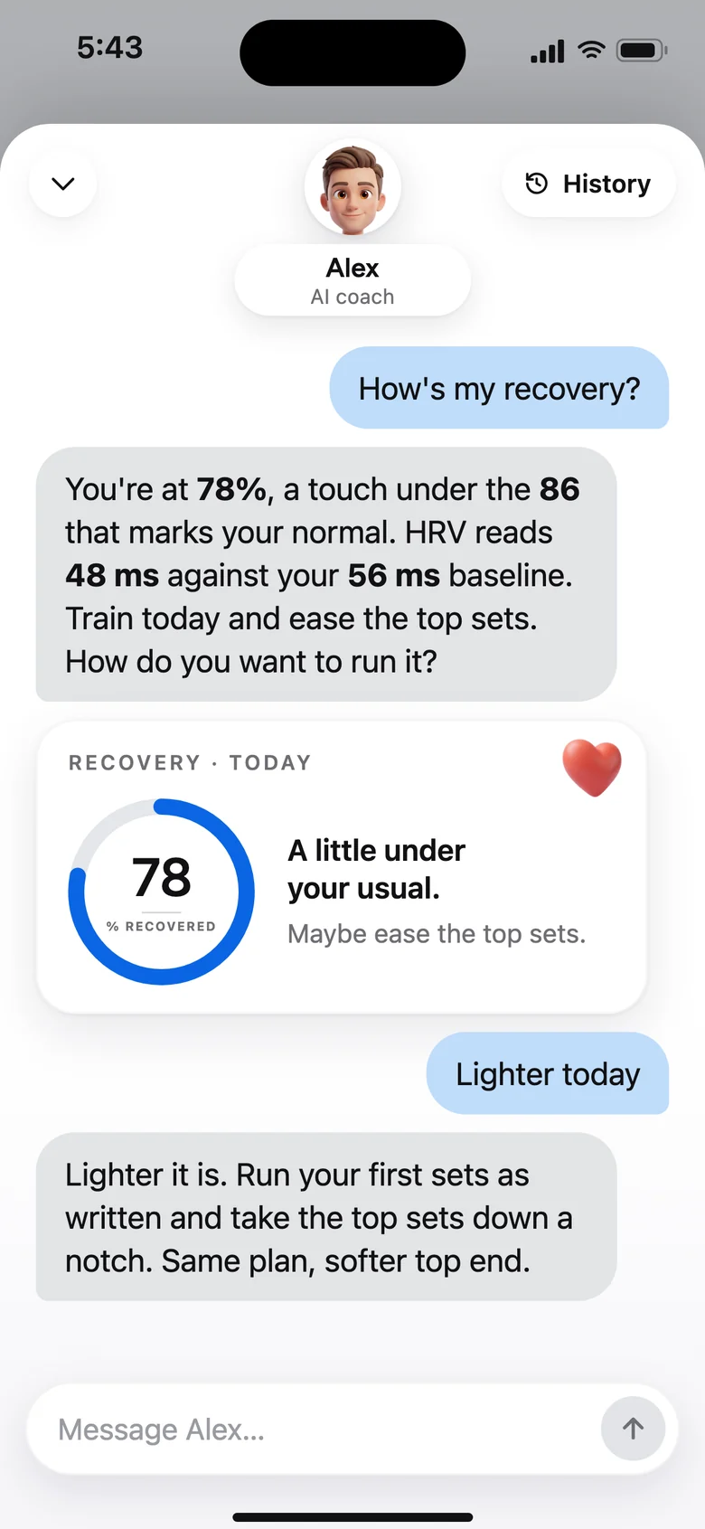 A chat with the AI coach about recovery. The reply gives 78 percent against your usual, a dial draws it, and tapping Lighter today eases the session