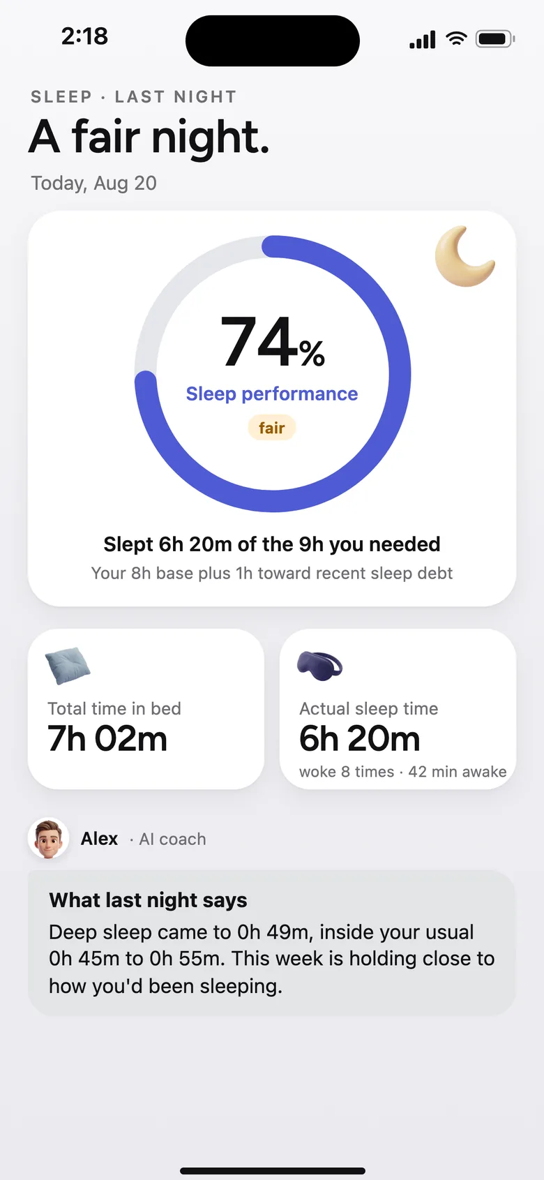 Sleep screen reading 74 percent, a fair night