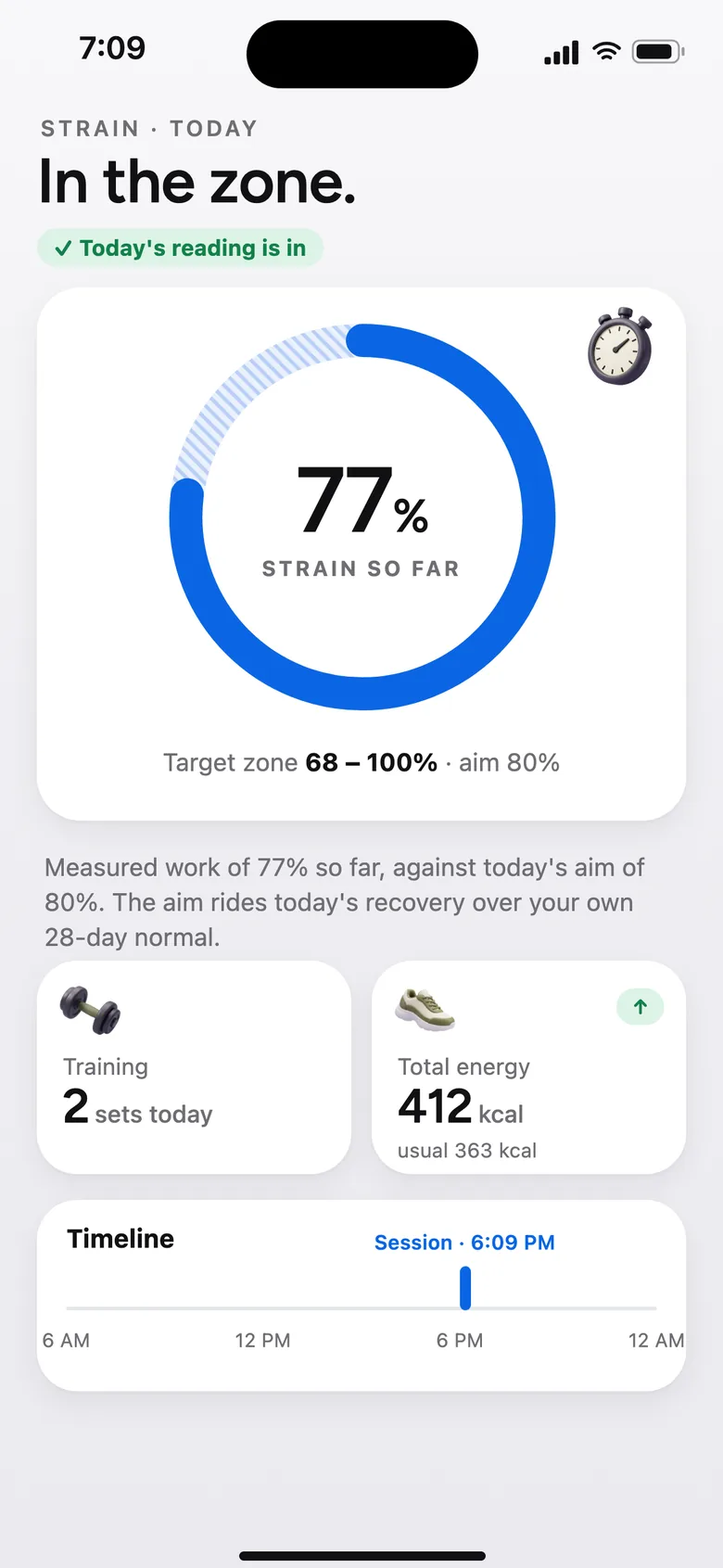 Strain screen reading 77 percent so far, in the zone